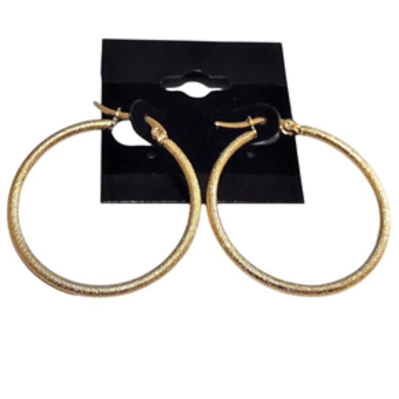 1 1/4 Inch 36mm Frosted Hoop Pierced Post Earrings Gold Tone 2mm Thick - Picture 1 of 6